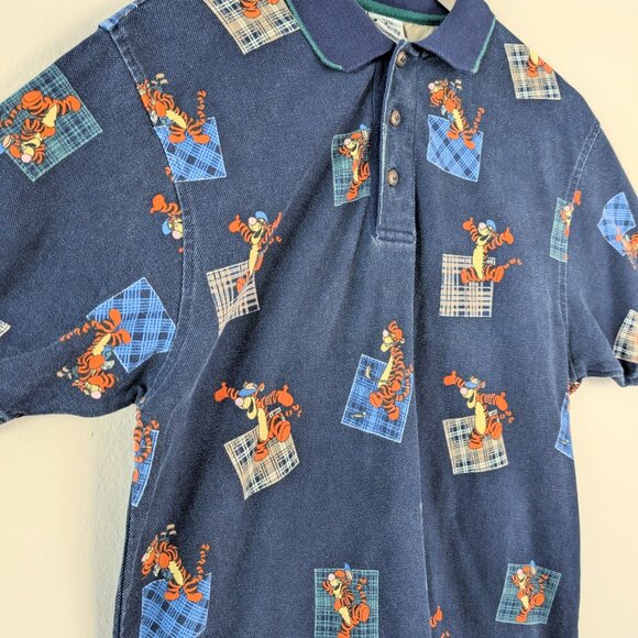 The Disney Store Vintage Tigger Golf Patchwork Pattern Navy Blue Polo Shirt S - Picture 4 of 8
